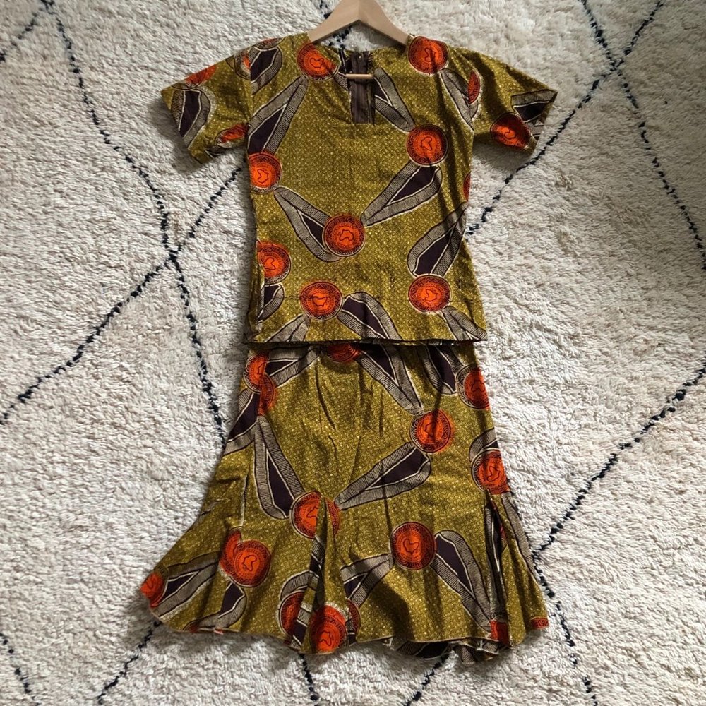 African wax print fabric shirt and skirt set made in Ghana